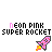 Pixelated pink rocket with orange exhaust, labeled 'NEON PINK SUPER ROCKET' in varying text colors