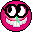 Two pink circular pixel art faces with black eye outlines, white eyes, and wide grinning teeth; one face has a green toothpick in its mouth.