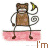 Animated cartoon monkey holding a banana, standing on a pink ground line with text appearing sequentially.