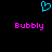 A static pixel art image with a cyan heart symbol above two instances of the word 'Bubbly' in bright pink text on black background.