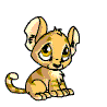 Animated sequence of a small cartoon lion cub with light brown fur, large ears, and yellow eyes in various poses including sitting, turning head, opening mouth, and extending paw.