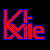 Six display the text 'Kie' in red with blue outlines on various solid backgrounds including black, blue, red, pink, yellow, and gray