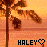 Pixelated sunset scene with palm trees and water, displaying 'HALEY' text with a heart symbol in two color variations.