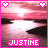 A 48x48 pixel animated buddy icon featuring a pink and white gradient background with two heart symbols at the top corners, displaying text "JUSTINE" in blocky font at the bottom across two frames where hearts change from white to black.