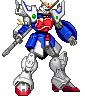 Four pixel-art mecha figures in blue, white, and red with green eye lights stand against a gray background; each figure holds a weapon and has distinct leg poses.