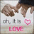 Two hands hold a small white card with 'oh, it is' text above a pink heart and 'LOVE' in large letters.