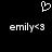 Pixelated white heart symbol above two identical text strings reading 'emily<3' on a black background.