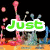 Animated icon with green 'Just' text over colorful background, transitioning to purple 'Be...' text on black background with green flower outline.