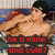 A shirtless person with dark hair reclines on a patterned surface, resting one arm behind their head while the other hand touches their chest; red text reads "he is mine and cute?".
