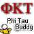Red Greek letters ΦKT above black text Phi Tau Buddy on gray background with yellow-shirted pixel character holding white ball.