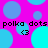 A static image with a bright pink background covered in overlapping blue and cyan circles, featuring repeated text "polka dots polka dots" and small arrow symbols.