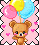 Pixelated brown teddy bear with pink cheeks holds blue and yellow balloons against a pink dotted background with small hearts.