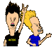 Pixelated cartoon characters in two , one with black hair and one with blonde hair, both making hand gestures against a gray background