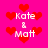 Pixelated pink background with red heart shapes and white text reading "Kate & Matt" in four quadrants.