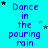 A static image with a bright cyan background displays repeated text "Dance in the pouring rain" and scattered star symbols.