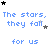 Blue text repeats 'The stars, they fall for us' across a white background with scattered black and gray stars.