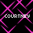 Pixelated text 'COURTNEY' repeated four times on a black background with pink geometric lines forming a pattern