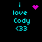 Pixel art displays cyan text 'i love Cody <33' with pink heart and starburst animations on black background.
