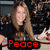A woman with long brown hair in a black top poses against a blurred crowd background, displaying three text overlays: Peace, Love, and Miley!
