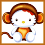Pixelated Hello Kitty character with brown monkey ears and tail, wearing orange outfit against white background.