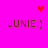 A bright pink background displays four identical 'JUNIE:)' text blocks with a red heart and red dot cluster animation above and below them.