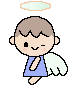 Pixelated angel character with brown hair, blue dress, white wings, and halo; left figure winks while right shows open eyes.