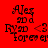 Red background with black pixelated text reading 'Alex and I'm <3 forever' in two identical side-by-side arrangements.