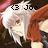 Pixelated anime-style character with white hair and red eyes, wearing a brown jacket over dark clothing, standing against a dark background.