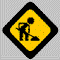 Yellow diamond-shaped warning sign with black border showing a worker figure holding a shovel and dustpan, positioned over a pile of debris.