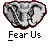 Two identical pixelated elephant head icons with gray and white tones, each labeled "Fear Us" below the image, alongside promotional text for badassbuddy.com on a light gray background.