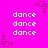 Bright pink background with repeated white "dance" text and purple square patterns in corners.