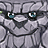 Pixelated gray cat face with large blue eyes, black outline, and subtle white highlights on a muted background.