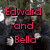 Six character pairs with text labels in distinct colors over a , including Edward and Bella, Emmet and Rosalie, Alice and Jasper, Carlisle and Esme, and The Cullen Family... TWILIGHT