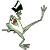 Animated green cartoon character with red mouth, white chest, black top hat, and orange tie in three distinct poses against a plain background.