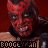 identical pixelated images showing a red-skinned figure with black spots, dark eyes, and a wide grin against a maroon background
