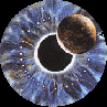 Circular blue and white patterned background with a dark central circle and brown spherical object in various positions.