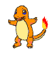 Pixelated orange dinosaur with yellow belly and blue eyes stands with arms outstretched, tail flame flickering between two poses.