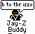 Pixelated static buddy icon featuring a character with dark hair and orange facial features, speech bubble text, and bold name text below the character.