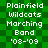 Green checkered background with white pixelated text reading 'Plainfield Wildcats Marching Band '08-'09' in two identical vertical