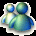 Pixelated blue-green cartoon figure with two round eyes and a rounded body, white outline on black background.