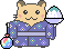 Pixel art character in blue kimono holding snow cone and rainbow ball, two expressions shown.