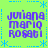A static digital image with four identical text blocks arranged in a on a bright green background, each block containing purple pixelated text reading "juliana mariq rosati" with blue decorative elements