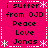 A static pixel art image with a bright pink background, white decorative borders, and black text reading "i suffer from OJD Peace Love Jonas" arranged in four