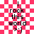 A static image with a red and white checkered background displays the text "I rock this world >:)", repeated twice in vertical alignment.