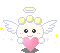 Pixel art angel character holding a pink heart with varying wing and halo states across 8 frames in a contact sheet layout.