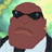 Pixelated image of a character with brown skin, black sunglasses, and a white shirt with dark sleeves against a green-yellow background.