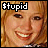 A 48x48 pixel animated contact sheet showing two side-by-side frames of a smiling woman with blonde hair, each displaying different text above her head.