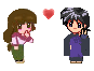 Pixel art animation of two characters with a pink heart, showing facial expression changes and heart color variations.