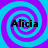 Four identical spiral patterns in cyan and purple with the text 'Alicia' overlaid on each, arranged in a