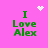 A pink background displays green text reading "I Love Alex" with animated white pixelated symbols above and below the text.